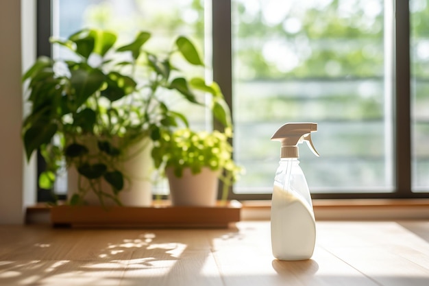 掃除剤と緑の植物をスプレーボトルできれいな晴れた部屋でエコクリーニングコンセプト環境に優しいバイオナチュラルな家庭掃除コピースペース