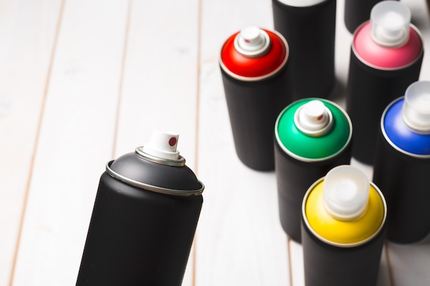 Spray paint cans close up