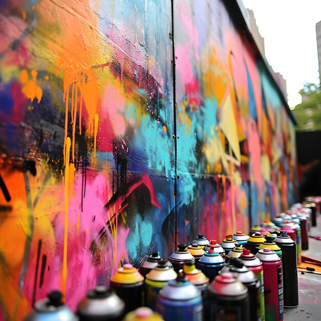 spray paint cans lined up against a wall