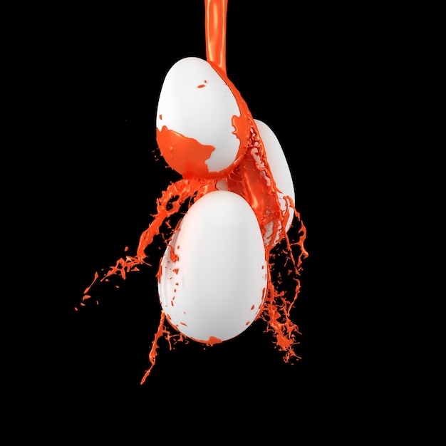 Spray paint dripping from eggs on a uniform background. 3D illustration