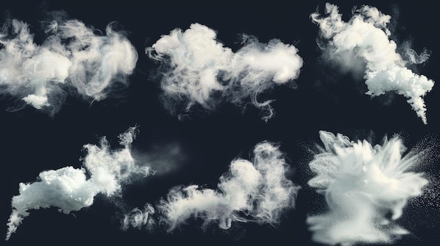 Белый дым, белые облака, следы дыма, ароматы или токсичные облака, испарение химических или косметических продуктов, пар, набор реалистичных современных 3D-изолированных отрезков.