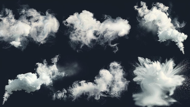 Spray of white smoke white cloud trail smoke trails aromas or toxic clouds steaming chemical or cosmetic product vapour Set of realistic 3d modern isolated cliparts