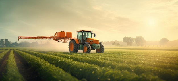 Spraying Crops at Sunrise in Rural Area