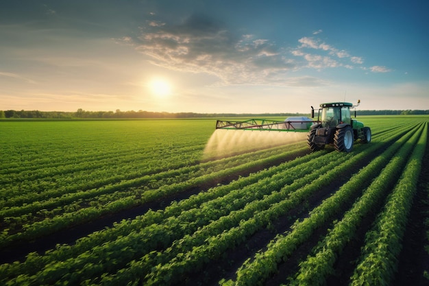 Photo spraying pesticide with tractor ar agriculture field