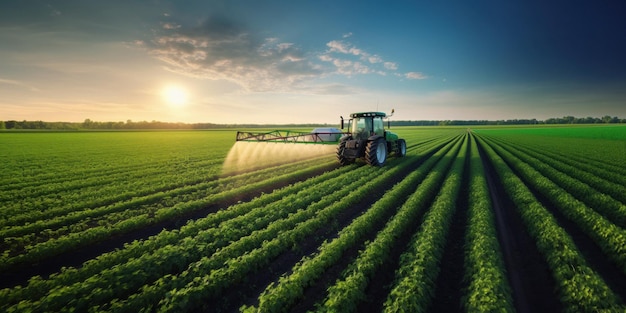 Photo spraying pesticide with tractor ar agriculture field