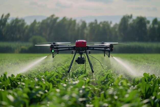 Spraying van agrarische chemicaliën vanuit een drone in het veld Generatieve AI