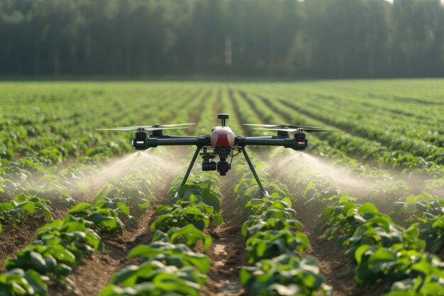 Spraying van agrarische chemicaliën vanuit een drone in het veld Generatieve AI