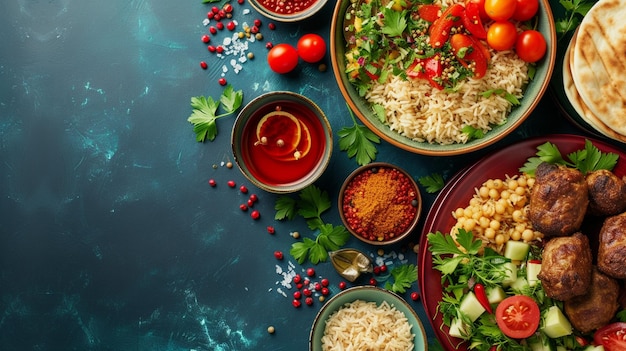 A spread of Middle Eastern cuisine featuring kebabs rice salads and sauces