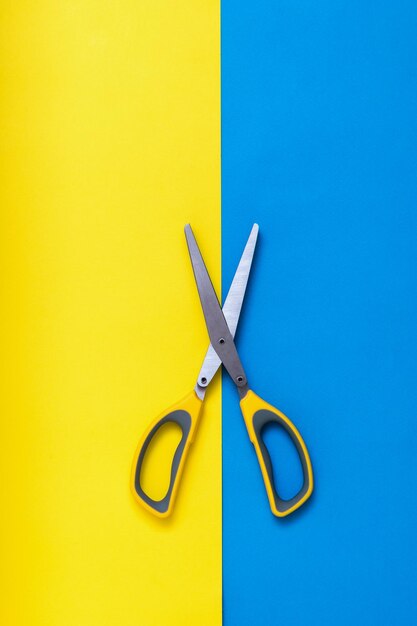 Spread salad scissors on a twocolor background Flat lay