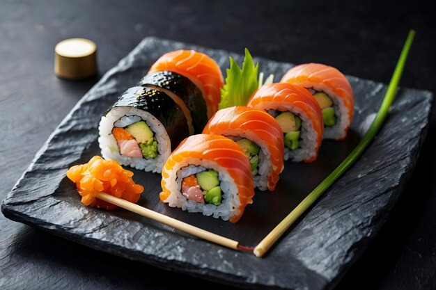 A spread of sushi and sashimi artfully presented on a slate with natural elements and garnishes