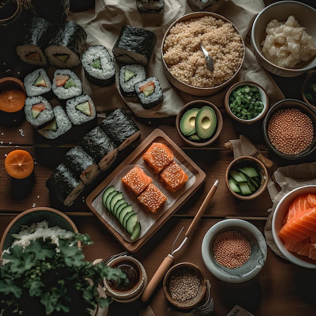 A spread of sushi on a wooden table Generative Ai