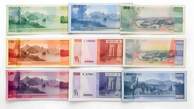 A spread of Swiss franc banknotes