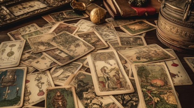 A spread of tarot cards laid out on a mystical table