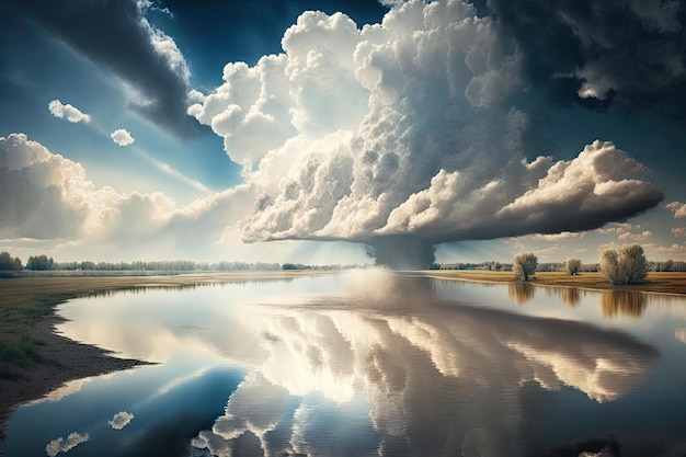 Spreading clouds on sky and water of river haze over river