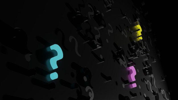 Spreading colorful question mark on black wall 3D Rendering