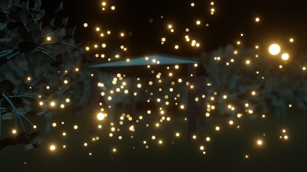 Photo spreading of gold flying firefly dot in a garden at a night (3d rendering)