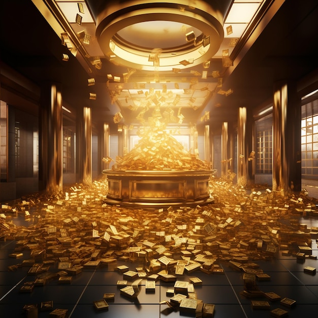 Photo spreading money to people in gold luxury bank