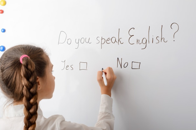 spreek je Engelse inscriptie op het bord met mogelijke antwoorden ja of nee?