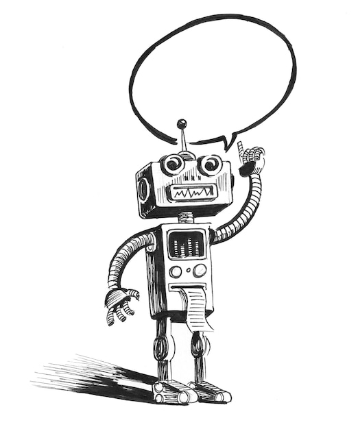 Sprekende robot. Inkt zwart-wit tekening