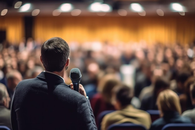 Spreker betreedt het podium tijdens een zakelijke conferentie met een sfeer van anticipatie en inspiratie