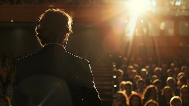 Spreker betrekt het publiek met een dramatisch achtergrondverlicht silhouet op het evenement