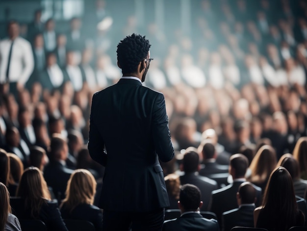 Spreker geeft een lezing over zakelijke zakelijke conferentie Onherkenbare mensen in het publiek bij conferentie