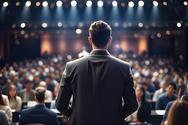 Spreker in het openbaar die een lezing geeft op een zakelijk evenement