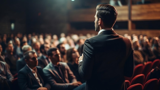 Spreker in kostuum leidt conferentie met microfoon. Veel mensen luisteren aandachtig