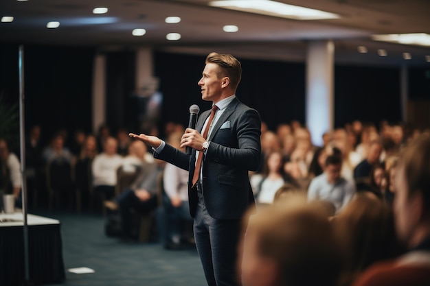 Spreker tijdens een toespraak op een bedrijfsconferentie Luisteraars in de vergaderzaal Business and Entrepre