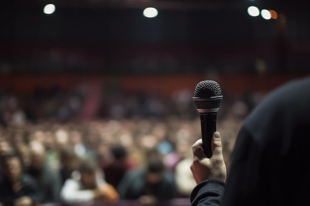 Sprekershand met microfoonconferentiezaal met vage menigte bedrijfsgebeurtenis