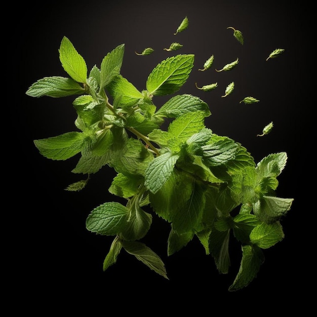 a sprig of mint leaves is shown against a black background.