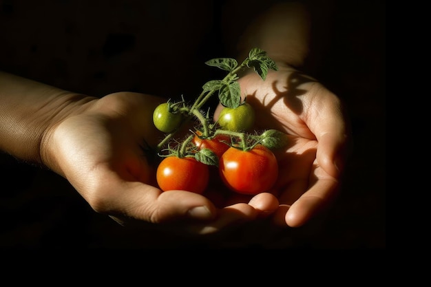 A sprig of tomatoes in the hands of a closeup on a black background Generative AI