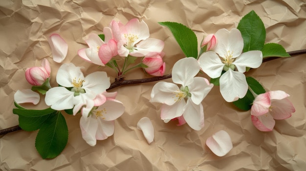 茶色の紙の背景に現実的なリンゴの花の枝