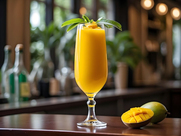 A sprigs of mango fruit juice cocktail with crystal wine glass