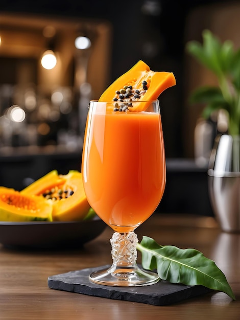 A sprigs of papaya fruit cocktail with crystal wine glass