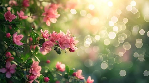 spring advertisment natural nackground with flowers bokeh lights and copy space