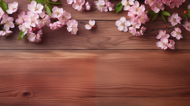 Spring apple blossoms flowering branch on wooden background Generative AI