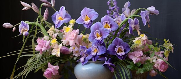 Photo spring arrangement of purple irises in a clay pot surrounded by other flowers and plants