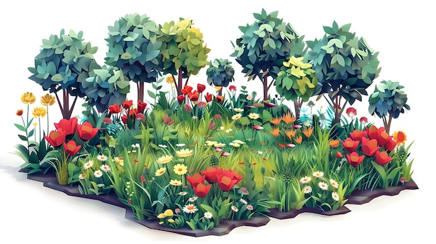 Photo spring awakening forest floor in bloom isometric scene with wildflowers simple flat design icon i