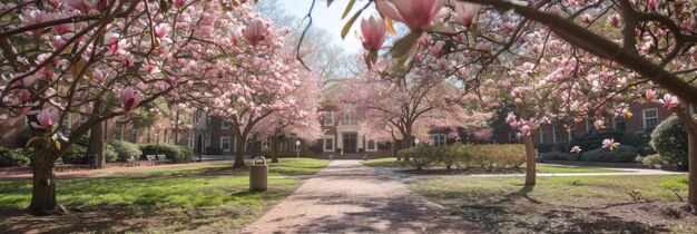 写真 春 の 覚醒 マグノリア の 花 は 都市 の 大学 キャンパス の 広場 を 鮮やかな 色彩 で 飾っ て い ます