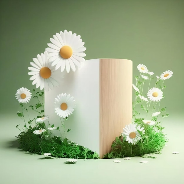 Spring Backdrop with Wood Podium Display White Daisy Flowers and Green Grass Pedestal Generative AI