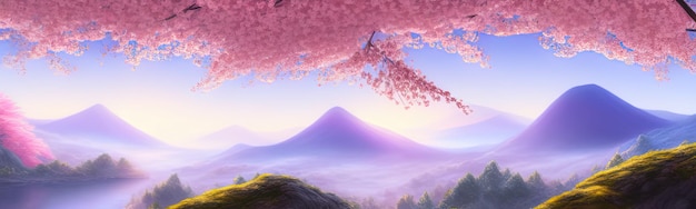 Spring background in cartoon style Pink and purple sakura cherry magnolia in bloom Asian horizontal landscape