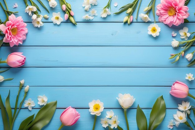 Spring background flowers frame on blue wooden table Banner mockup for Womans or Mothers Day Easter spring holidays