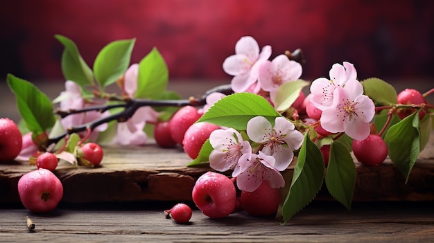 spring background fruit flowers on wooden table