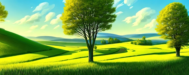 봄 배경 녹색 초원 나무 푸른 하늘 녹색으로 아름 다운 여름 계곡 풍경의 만화 그림