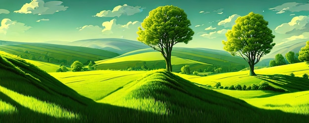 Spring background Green meadow trees Cartoon illustration of beautiful summer valley landscape with blue sky green