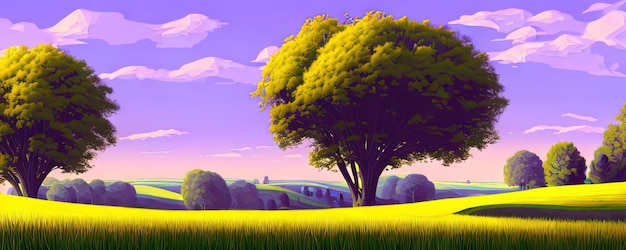 Photo spring background green meadow trees cartoon illustration of beautiful summer valley landscape with blue sky green