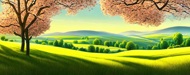 Spring background Green meadow trees Cartoon illustration of beautiful summer valley landscape with blue sky green