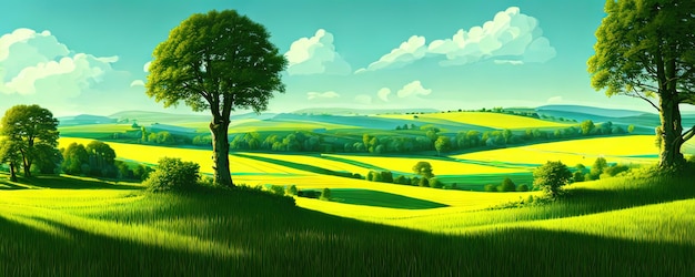 Spring background green meadow trees cartoon illustration of beautiful summer valley landscape with blue sky green