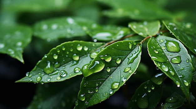 春の背景、熱帯雨林の嵐の後の雨滴と自然の緑の葉 生成 AI